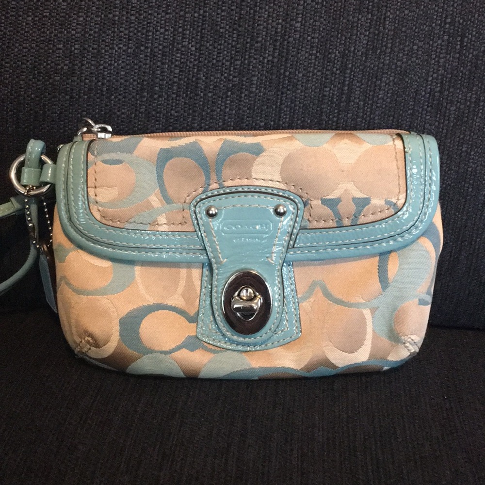 Coach tan and blue wristlet